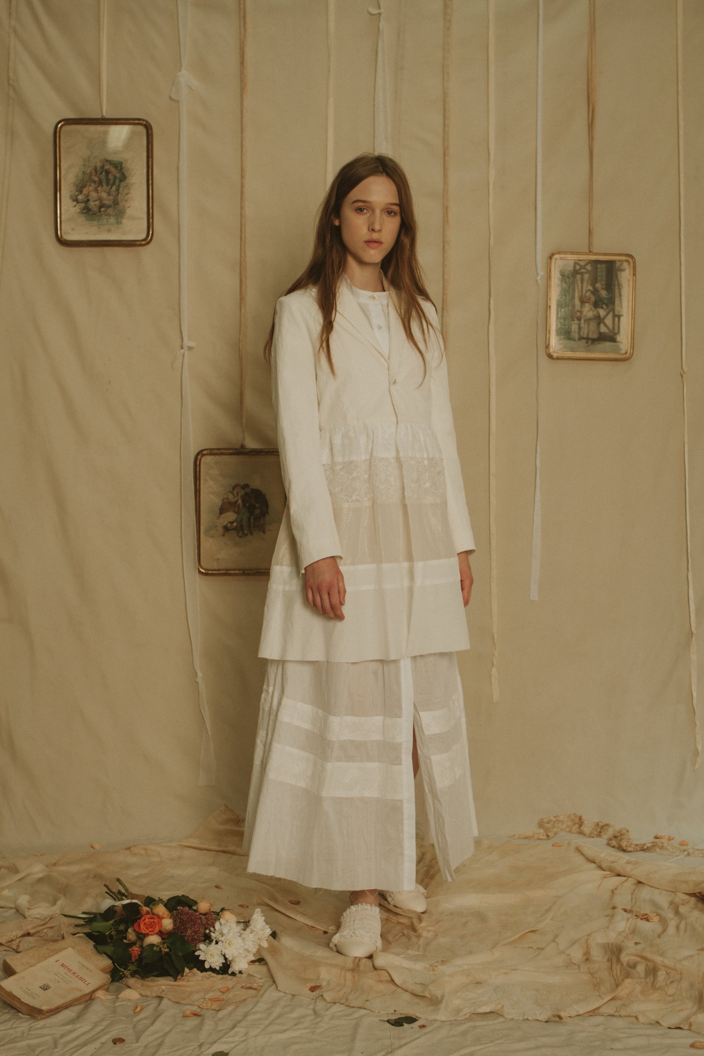 A Tentative Atelier SS19 Lookbook Womens white jacket with horizontal lace panels and white skirt