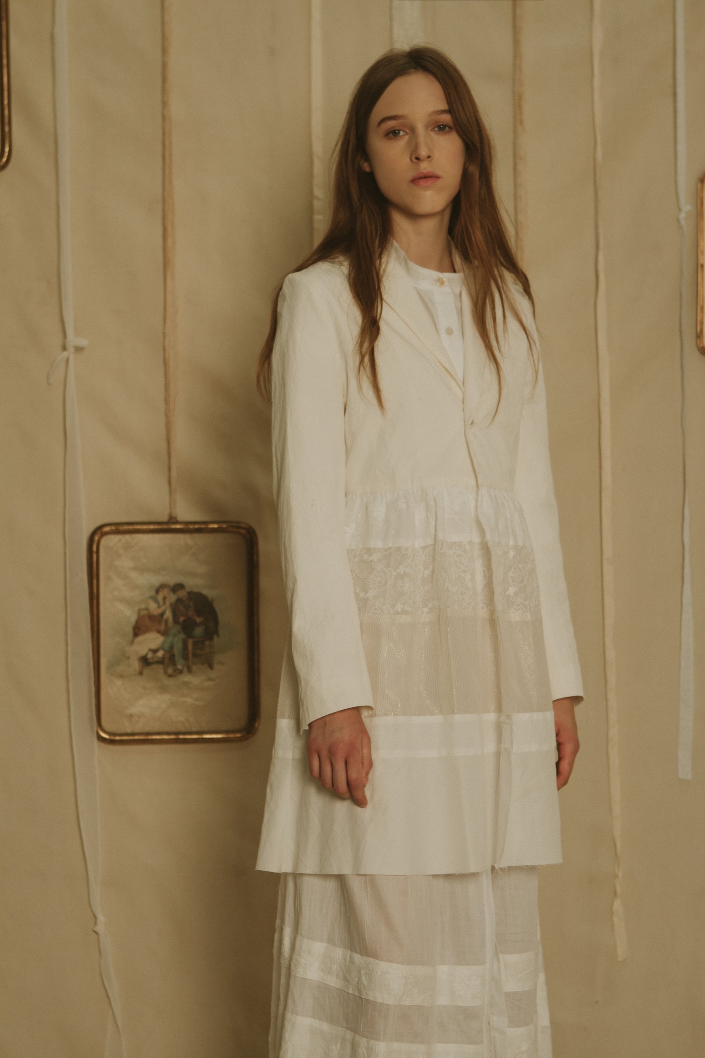 A Tentative Atelier SS19 Lookbook Womens crop of white jacket with horizontal lace panels and white skirt