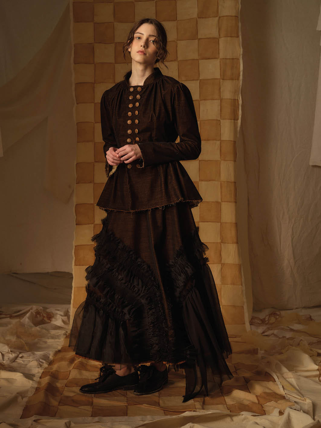 A Tentative Atelier AW21 Lookbook Womens chocolate brown jacket top and smocked appliqué skirt
