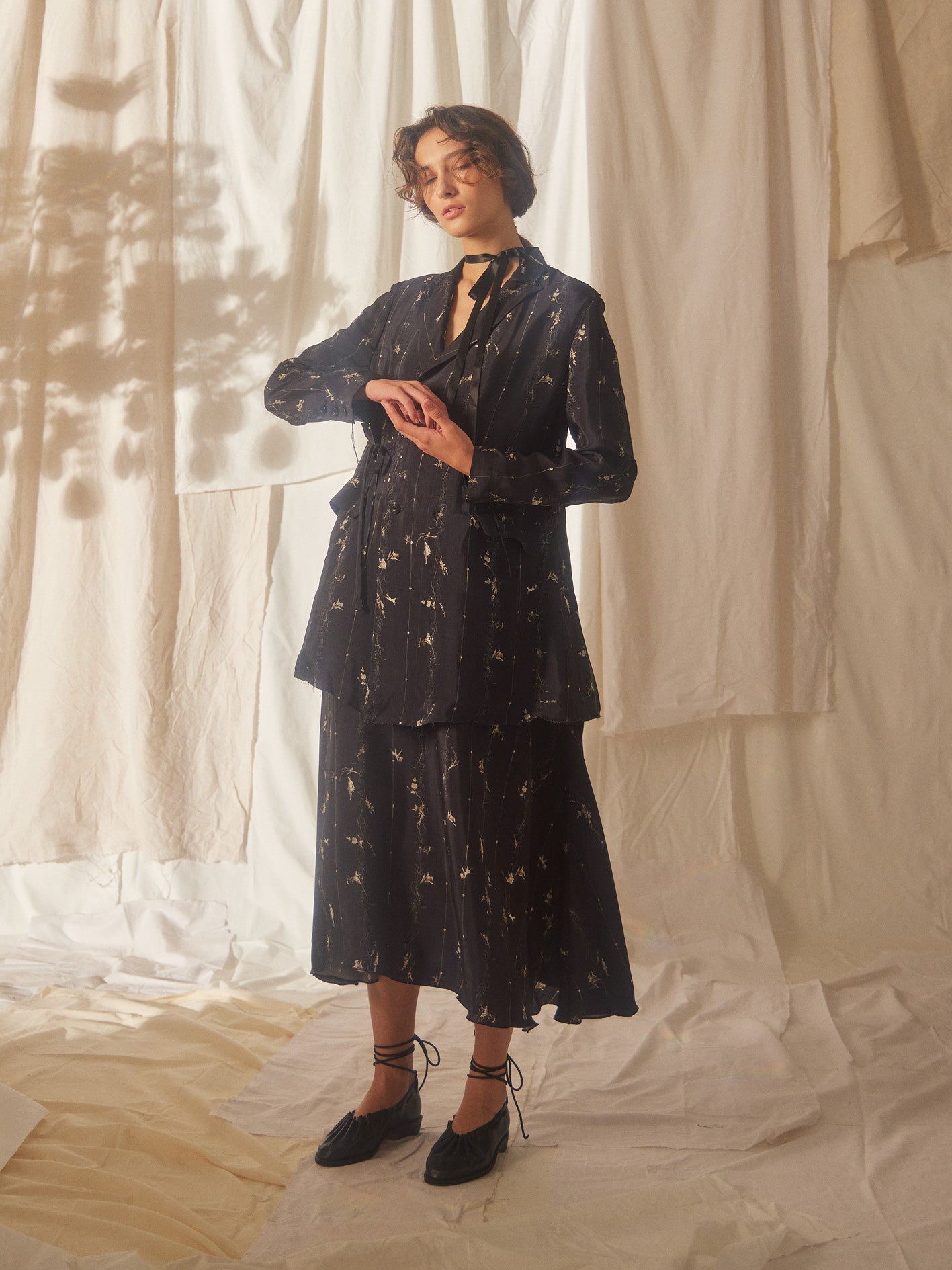 A Tentative Atelier SS21 Womens black patterned jacket and skirt